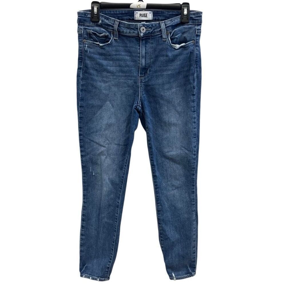 Paige “hoxton crop” torn back hem Midrise medium wash distressed jeans Sz 29 #71